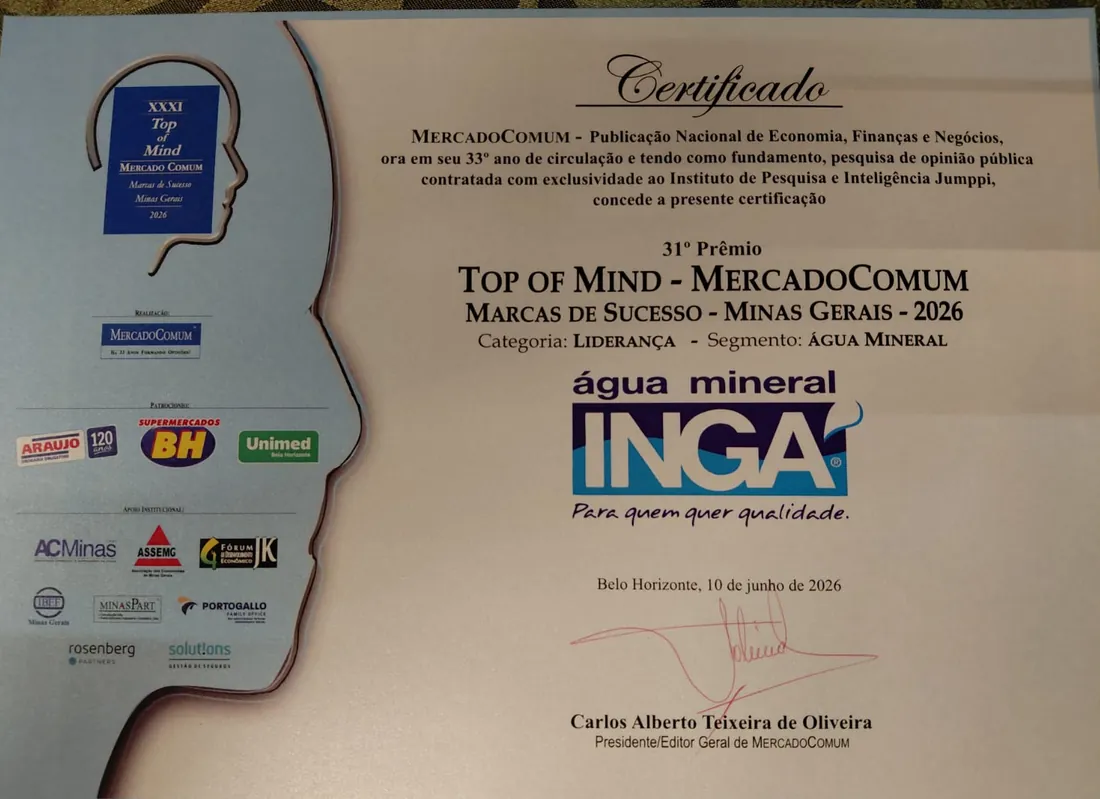 Certificado do 31º Prêmio Top of Mind MercadoComum concedido à Água Mineral Ingá