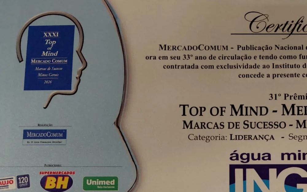 Certificado do 31º Prêmio Top of Mind MercadoComum, categoria Liderança, segmento Água Mineral