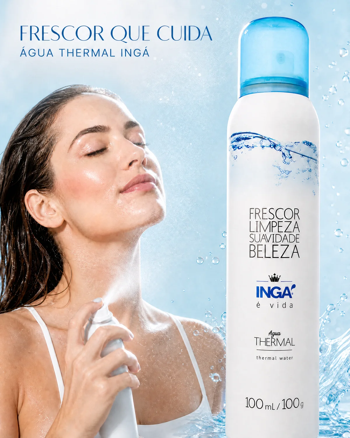 Água Thermal Ingá: mulher aplicando o spray de 100 ml — frescor que cuida
